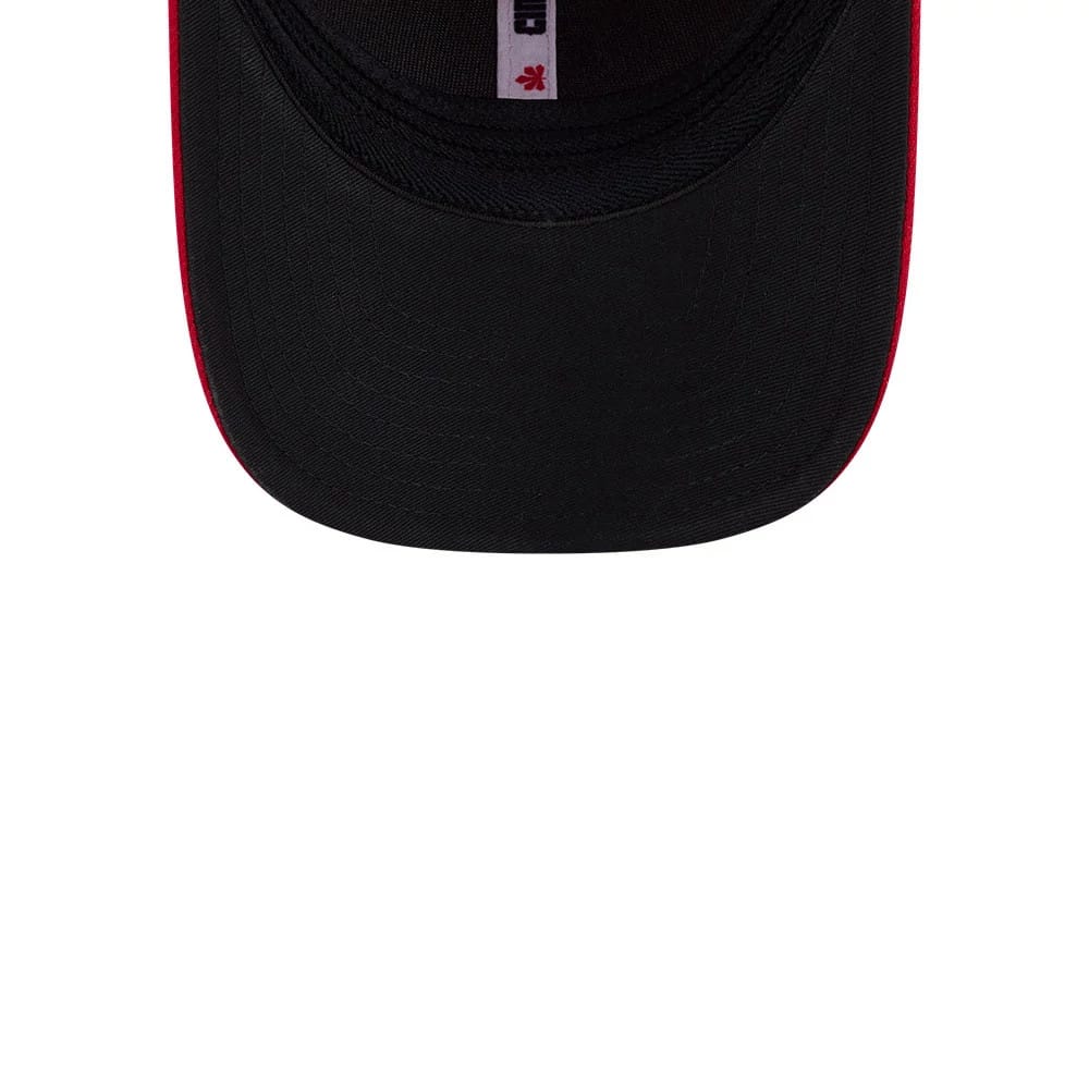 Cincinnati Reds MLB City Connect Red New Era 39THIRTY M-Crown Stretch Fit Cap, inside view showing the black curved undervisor, a white taping strip with red running centrally beneath the crown, and a crisp edge where the visor meets the crown.