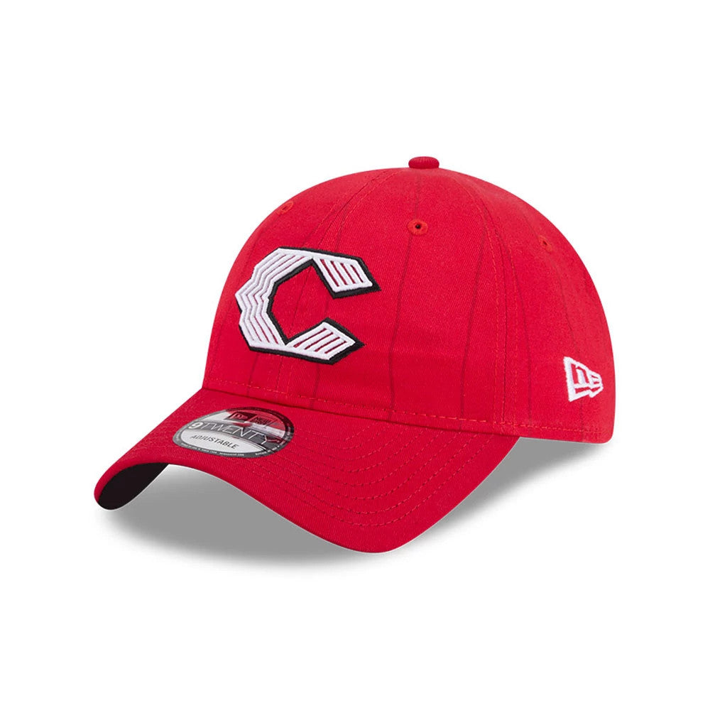 Cincinnati Reds MLB City Connect Red New Era 9TWENTY Adjustable Cap, three-quarter view showing the white outlined C logo embroidered on the front panel, with a curved red visor and the New Era flag logo on the left side.