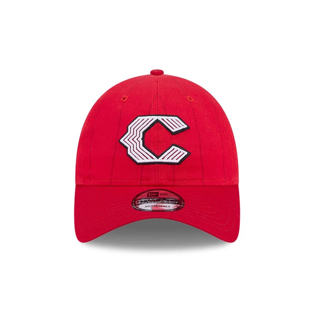 Cincinnati Reds MLB City Connect Red New Era 9TWENTY Adjustable Cap, front view showing the raised white and black embroidered C logo on the structured red crown, complemented by a curved red visor and a 9TWENTY size sticker.