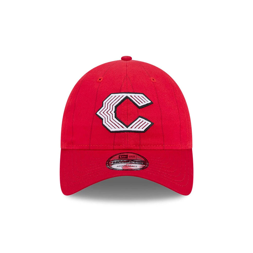 Cincinnati Reds MLB City Connect Red New Era 9TWENTY Adjustable Cap, front view showing the raised white and black embroidered C logo on the structured red crown, complemented by a curved red visor and a 9TWENTY size sticker.