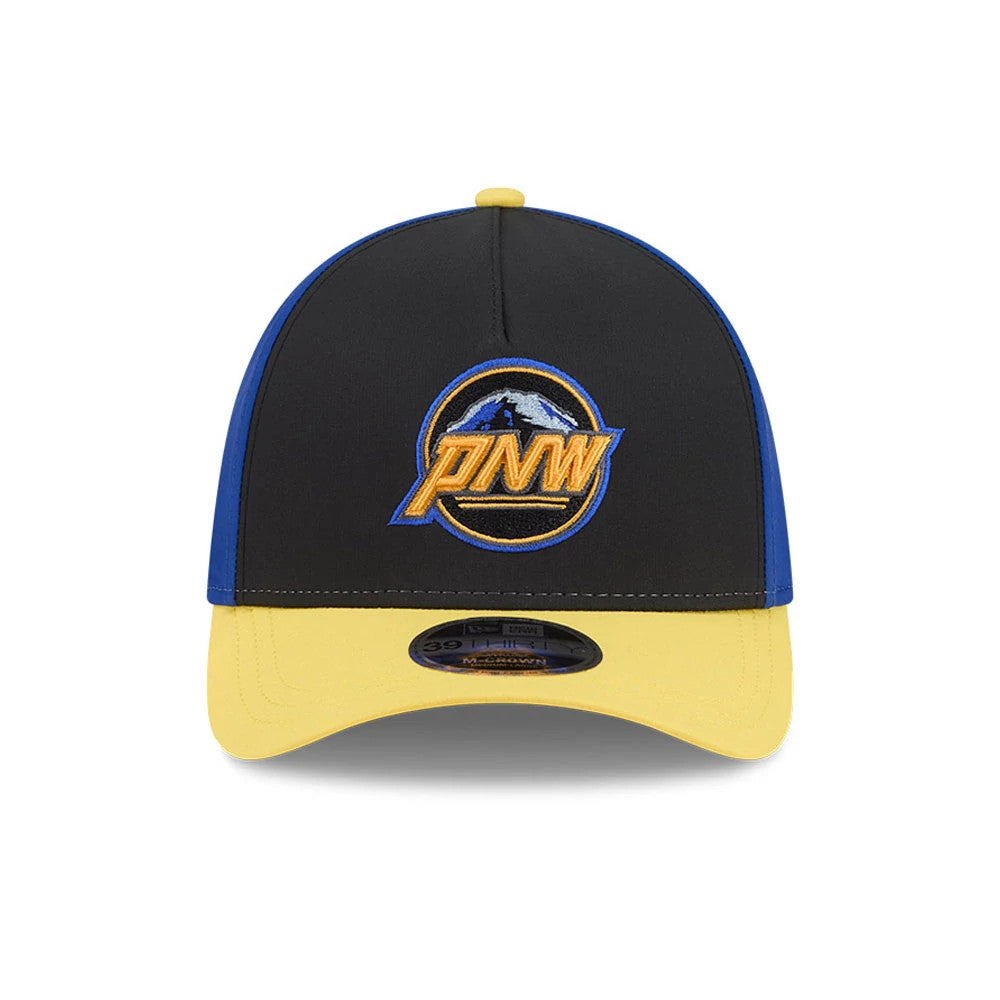 Mariners MLB City Connect Black New Era 39THIRTY M-Crown A-Frame Stretch Fit Cap, front view showing the colourful PNW logo with a mountain graphic embroidered on the black crown, with blue side panels, a yellow visor and a 39THIRTY size sticker.