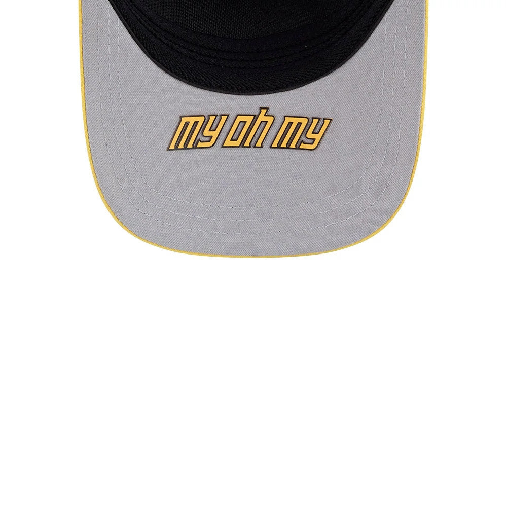 Mariners MLB City Connect Black New Era 39THIRTY M-Crown A-Frame Stretch Fit Cap, underside view showing a light grey undervisor with my oh my lettering in yellow and black, outlined with a contrasting yellow trim along the edge.