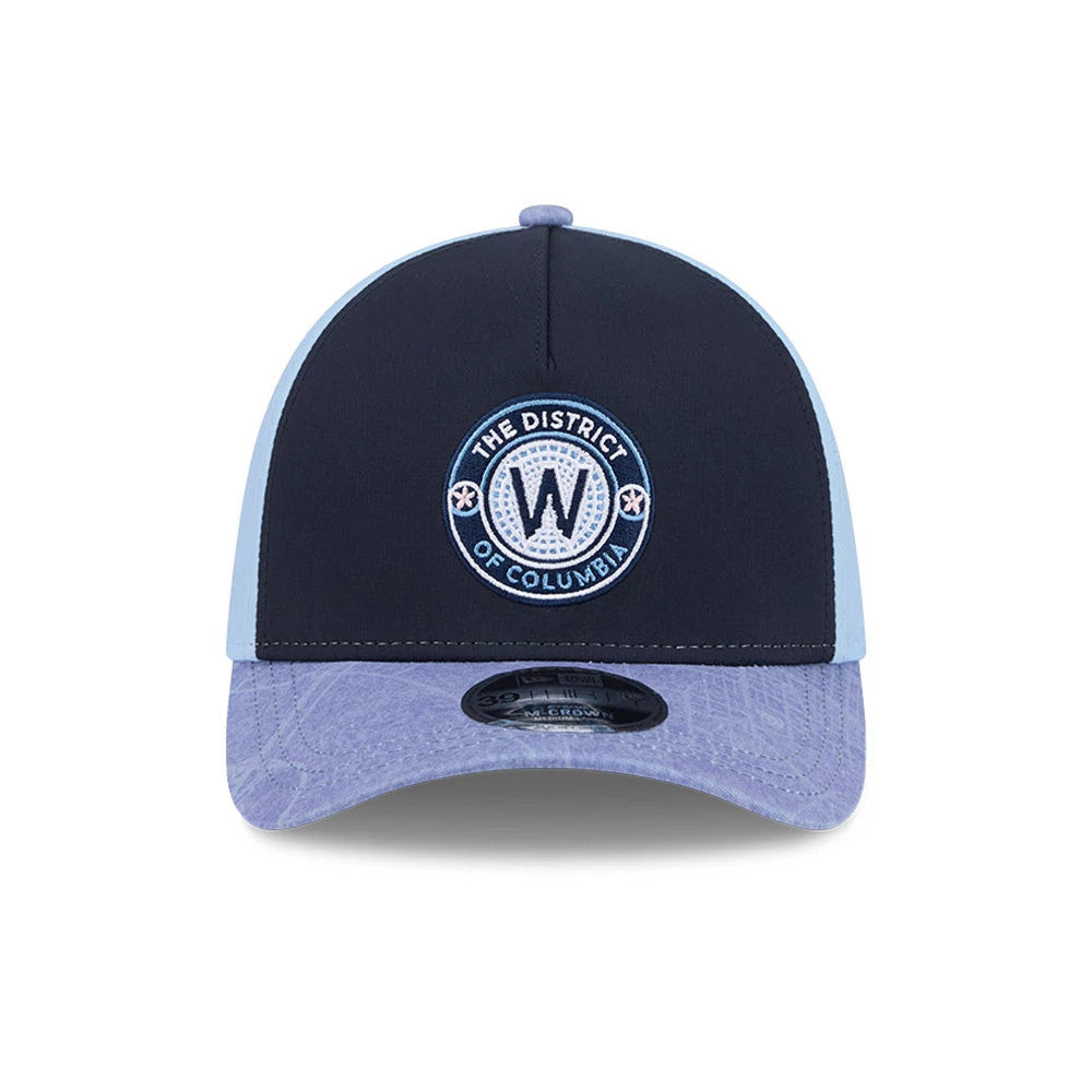Nationals MLB City Connect Navy New Era 39THIRTY M-Crown A-Frame Stretch Fit Cap, front view showing a navy crown with a light blue embroidered The District of Columbia circular logo on the front panel.