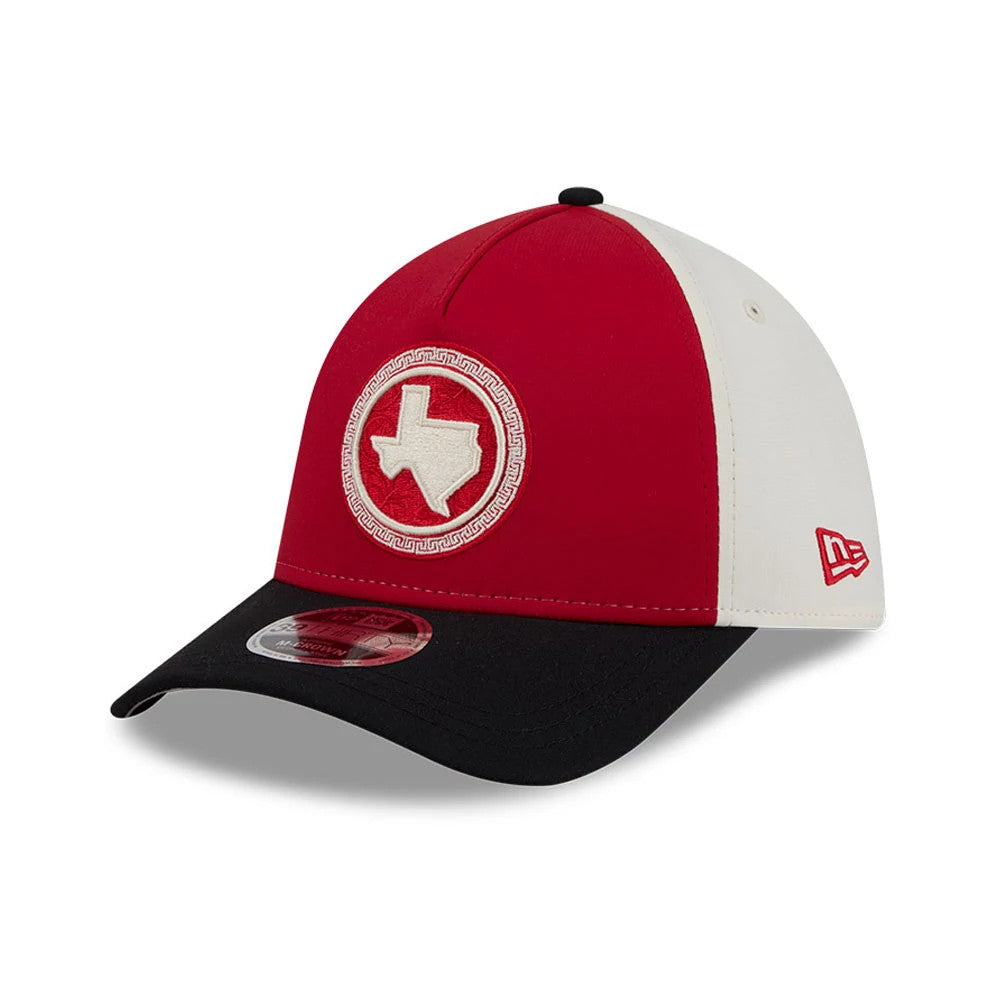 Rangers MLB City Connect Red New Era 39THIRTY M-Crown A-Frame Stretch Fit Cap, three-quarter view showing the embroidered Texas map logo on the red front panel, black curved visor with 39THIRTY size sticker.
