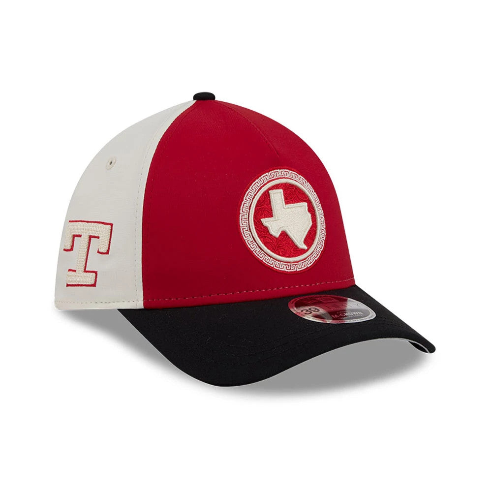 Rangers MLB City Connect Red New Era 39THIRTY M-Crown A-Frame Stretch Fit Cap, three-quarter view showing a state of Texas logo in white embroidery on the front red panel, black curved visor with a 39THIRTY size sticker, and a red.