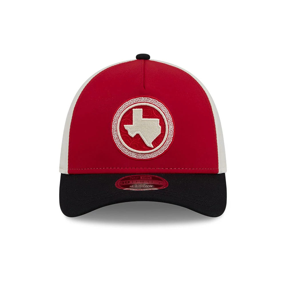 Rangers MLB City Connect Red New Era 39THIRTY M-Crown A-Frame Stretch Fit Cap, front view showing a white embroidered Texas state outline logo with a decorative border on the red front panel, complemented by a black visor and 39THIRTY size sticker.