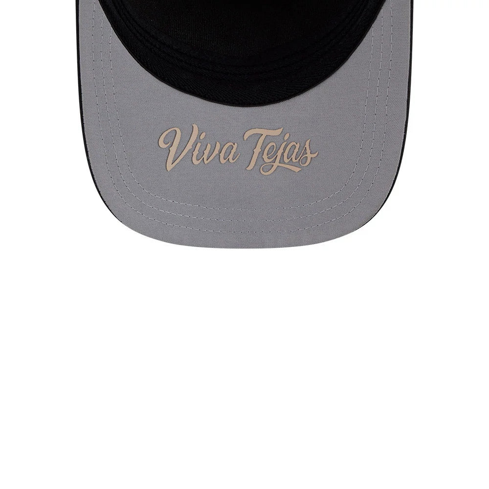 Rangers MLB City Connect Red New Era 39THIRTY M-Crown A-Frame Stretch Fit Cap, inside view showing the grey undervisor with Viva Tejas embroidered in beige script and black stitching detail at the edge.