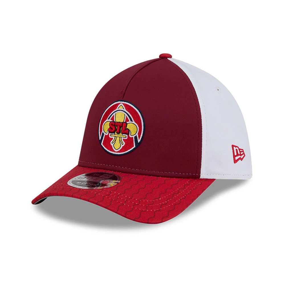 Cardinals MLB City Connect Red New Era 39THIRTY M-Crown A-Frame Stretch Fit Cap, three-quarter view showing the STL logo with red and yellow embroidery on the front panel, red and white side panels with a red New Era flag logo.