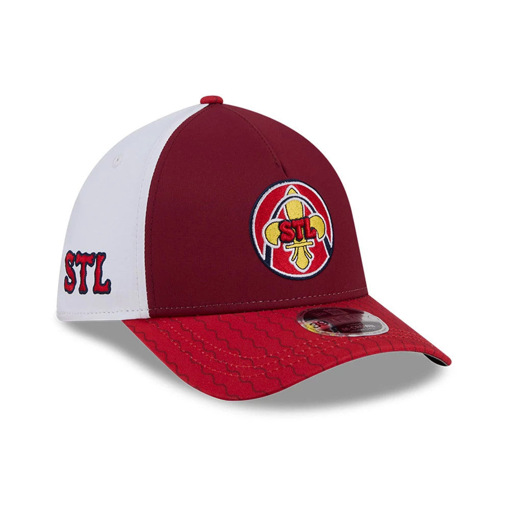 Cardinals MLB City Connect Red New Era 39THIRTY M-Crown A-Frame Stretch Fit Cap, three-quarter view showing the team crest with embroidered STL front logo in yellow and red, contrasting white side panel.