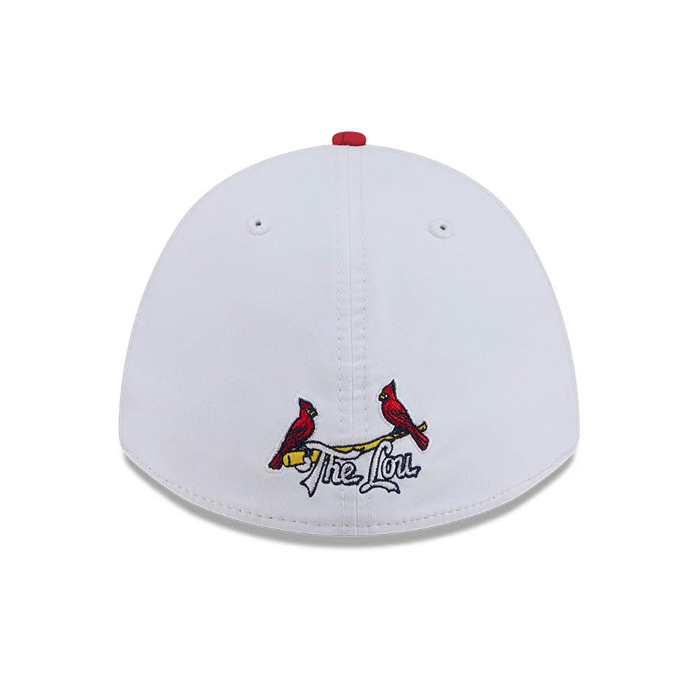 Cardinals MLB City Connect Red New Era 39THIRTY M-Crown A-Frame Stretch Fit Cap, rear view showing the red and yellow embroidered design featuring two cardinals and The Lou lettering, placed low on the white back panels of the cap.