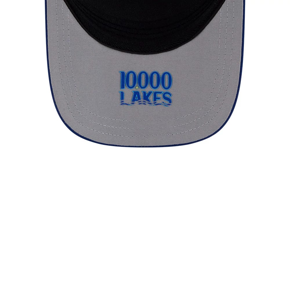 Twins MLB City Connect Blue New Era 39THIRTY M-Crown A-Frame Stretch Fit Cap, inside view showing the black sweatband, grey undervisor with the blue and white embroidered 10000 Lakes text, and navy stitching detail.