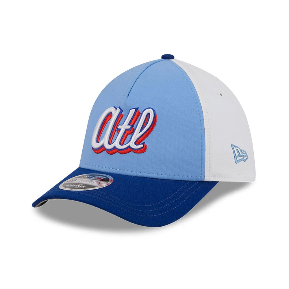 Braves MLB City Connect Blue New Era 39THIRTY M-Crown A-Frame Stretch Fit Cap, front view showing the raised red and white Atl embroidery on the light blue front panel, dark blue curved visor with a 39THIRTY size sticker, and white side panels.