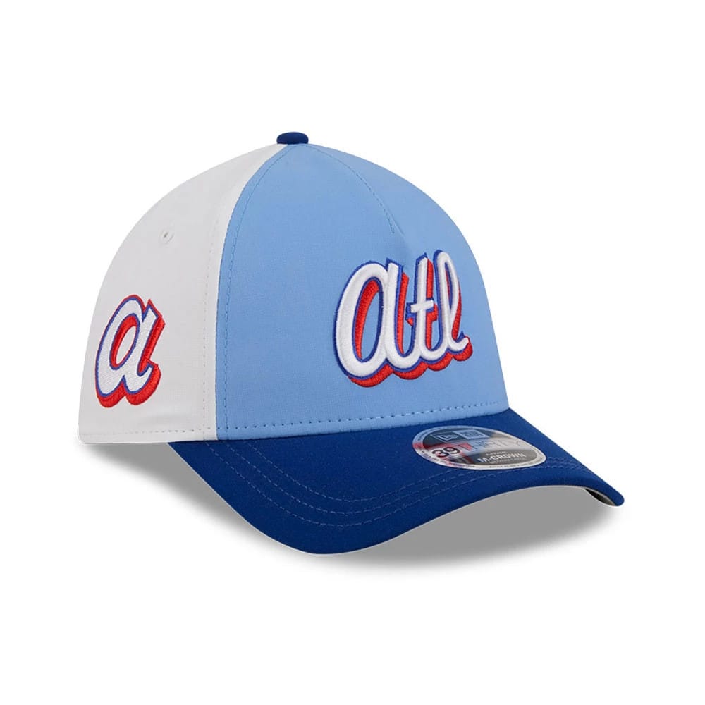 Braves MLB City Connect Blue New Era 39THIRTY M-Crown A-Frame Stretch Fit Cap, three-quarter view showing the raised red and white atl embroidery on the light blue front panel, the curved dark blue visor with a 39THIRTY size sticker.