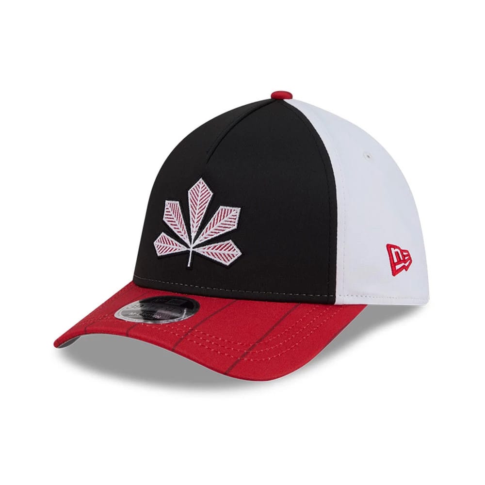 Reds MLB City Connect Black New Era 39THIRTY M-Crown A-Frame Stretch Fit Cap, three-quarter view showing an embroidered red and white leaf logo on the front black panel, with a contrasting red visor and a New Era flag logo on the white side panel.