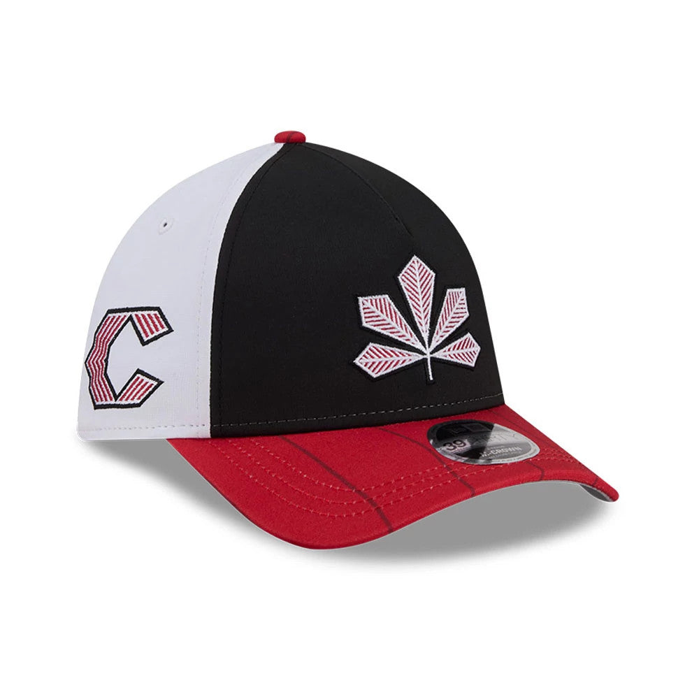Reds MLB City Connect Black New Era 39THIRTY M-Crown A-Frame Stretch Fit Cap, three-quarter view showing a white embroidered geometric leaf on the black front panel, a red and black visor with a 39THIRTY size sticker.