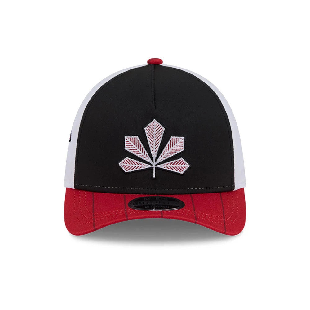 Reds MLB City Connect Black New Era 39THIRTY M-Crown A-Frame Stretch Fit Cap, front view showing a white embroidered leaf logo on the black front panel, contrasting red visor with a 39THIRTY size sticker, and white side panels.