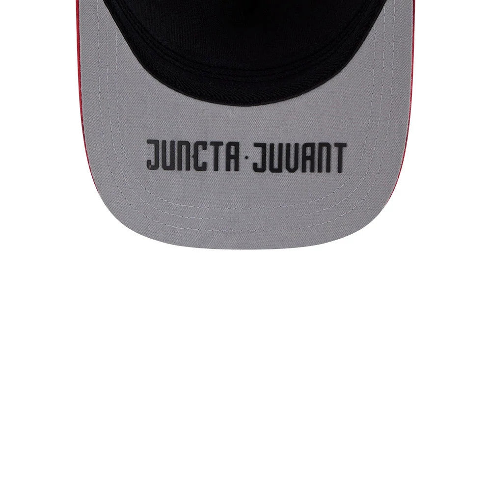 Reds MLB City Connect Black New Era 39THIRTY M-Crown A-Frame Stretch Fit Cap, underside view showing the grey undervisor with Juncta Juvant text printed in black, and red stitching highlighting the edges of the visor.