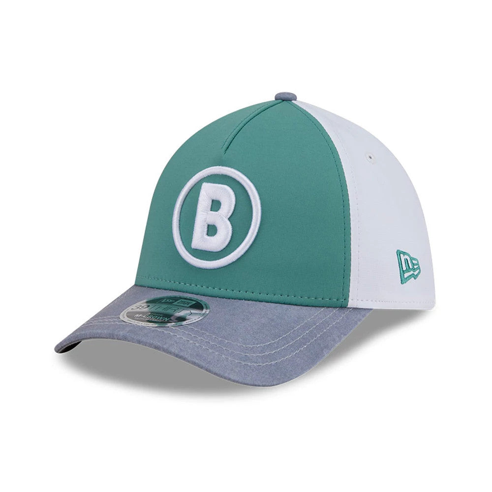 Red Sox MLB City Connect Dark Green New Era 39THIRTY M-Crown A-Frame Stretch Fit Cap, three-quarter view showing the large white embroidered B logo on the front panel, contrasting lightly curved grey visor.
