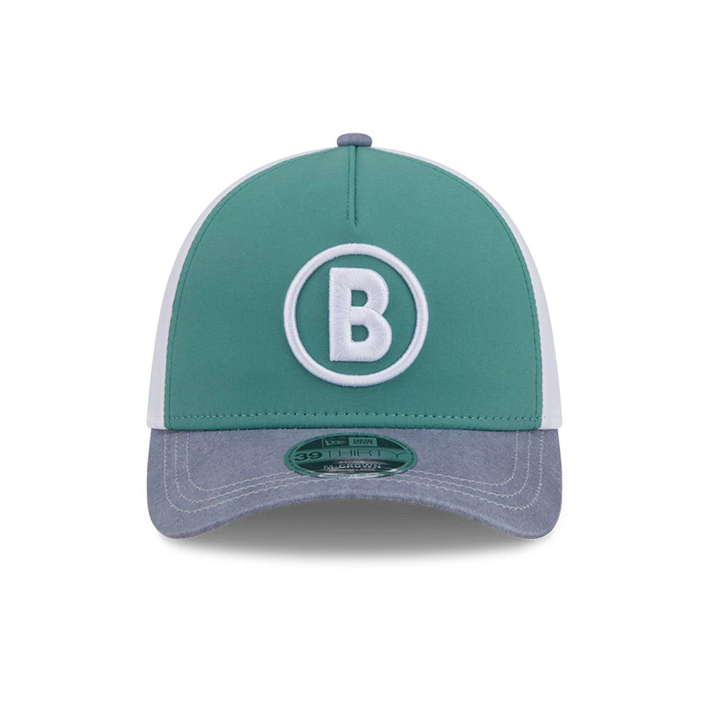 Red Sox MLB City Connect Dark Green New Era 39THIRTY M-Crown A-Frame Stretch Fit Cap, front view showing a white raised embroidered B logo on the dark green front panel, with a grey curved visor and a green 39THIRTY size sticker.