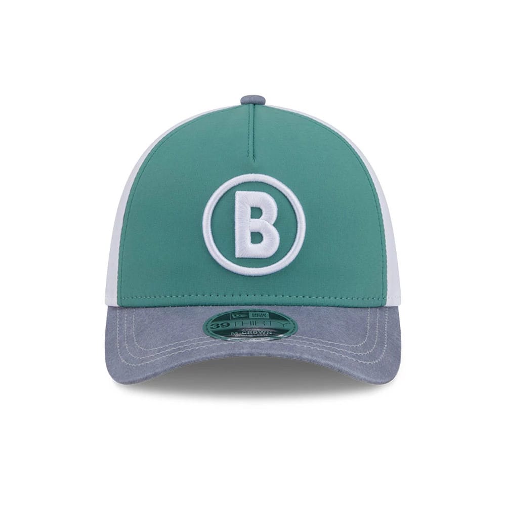 Pictured is this MLB City Connect Boston Red Sox 39THIRTY M-Crown A-Frame Stretch Fit cap in Dark Green. 3