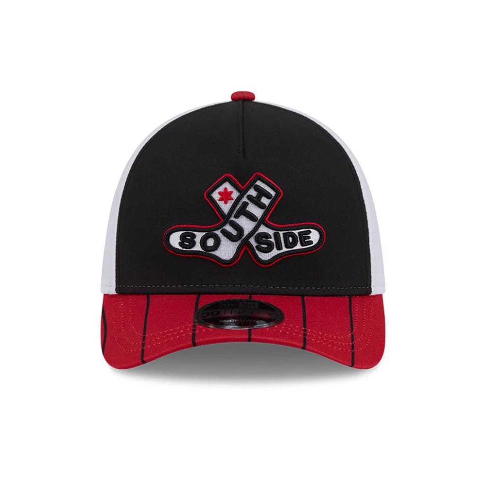 Pictured is this MLB City Connect Chicago White Sox 39THIRTY M-Crown A-Frame Stretch Fit cap in black. 3