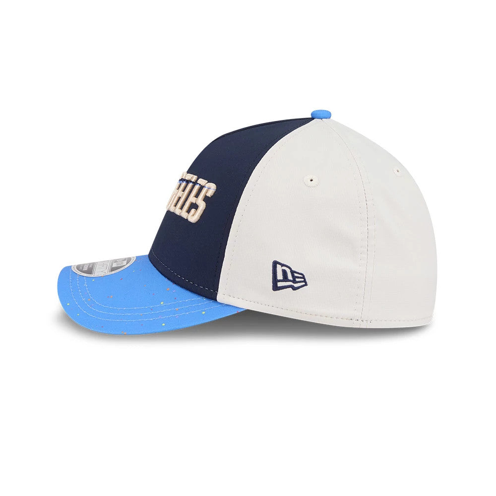 Dodgers MLB City Connect Navy New Era 39THIRTY M-Crown A-Frame Stretch Fit Cap, side view showing the embroidered New Era flag logo on the white fabric, a blue speckled visor with a 39THIRTY size sticker, and a contrasting navy front panel.