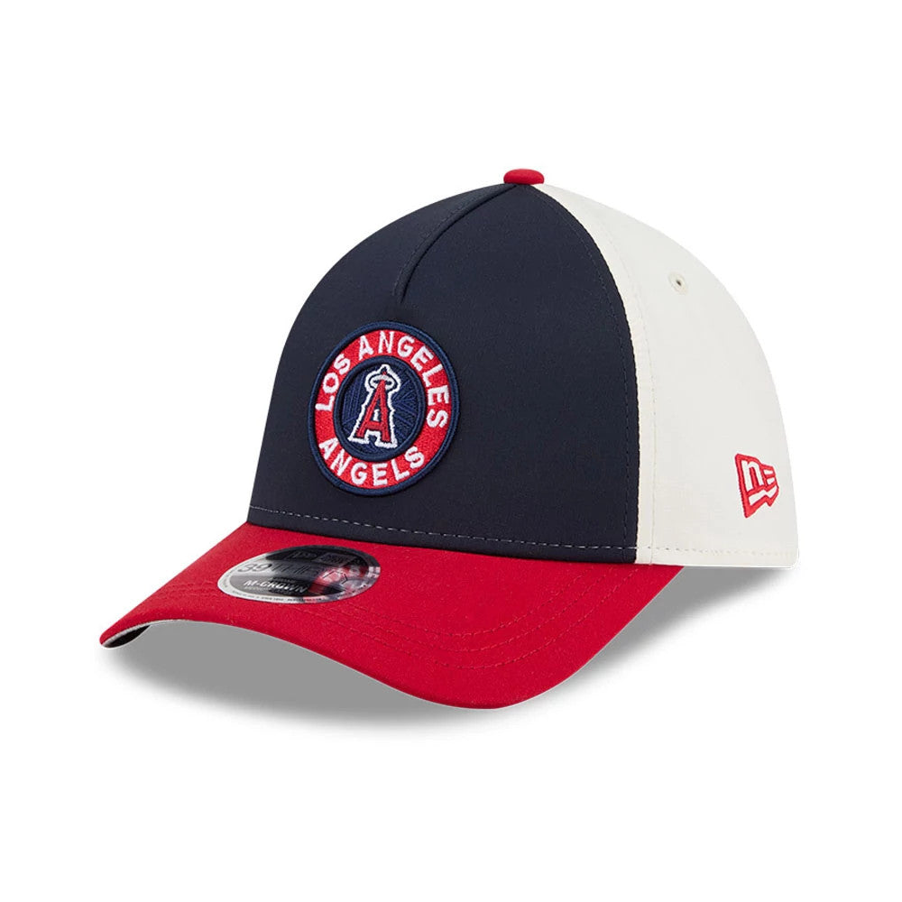 Angels MLB City Connect Navy New Era 39THIRTY M-Crown A-Frame Stretch Fit Cap, three-quarter view showing the raised embroidered Los Angeles Angels logo on the navy front panel, with a contrasting white side panel and a curved red visor.
