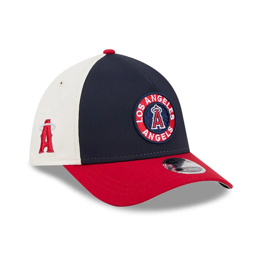Angels MLB City Connect Navy New Era 39THIRTY M-Crown A-Frame Stretch Fit Cap, three-quarter view showing a raised embroidered Los Angeles Angels circle logo on the navy front panel, an A logo on the cream side panel.