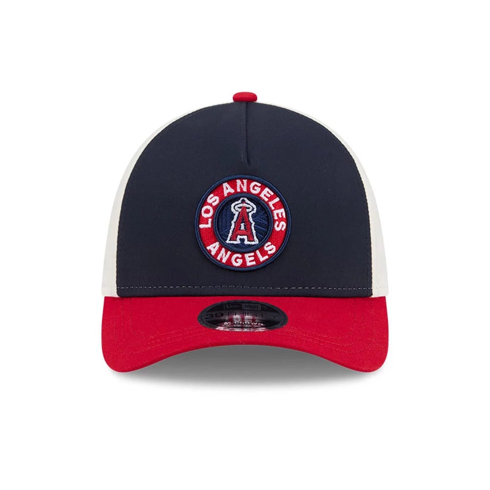 Pictured is this MLB City Connect LA Angels 39THIRTY M-Crown A-Frame Stretch Fit cap in navy. 3
