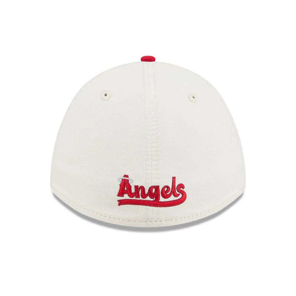 Angels MLB City Connect Navy New Era 39THIRTY M-Crown A-Frame Stretch Fit Cap, rear view showing the red embroidered Angels script logo at the centre of the cream-coloured back panels, with red top button and matching eyelets.