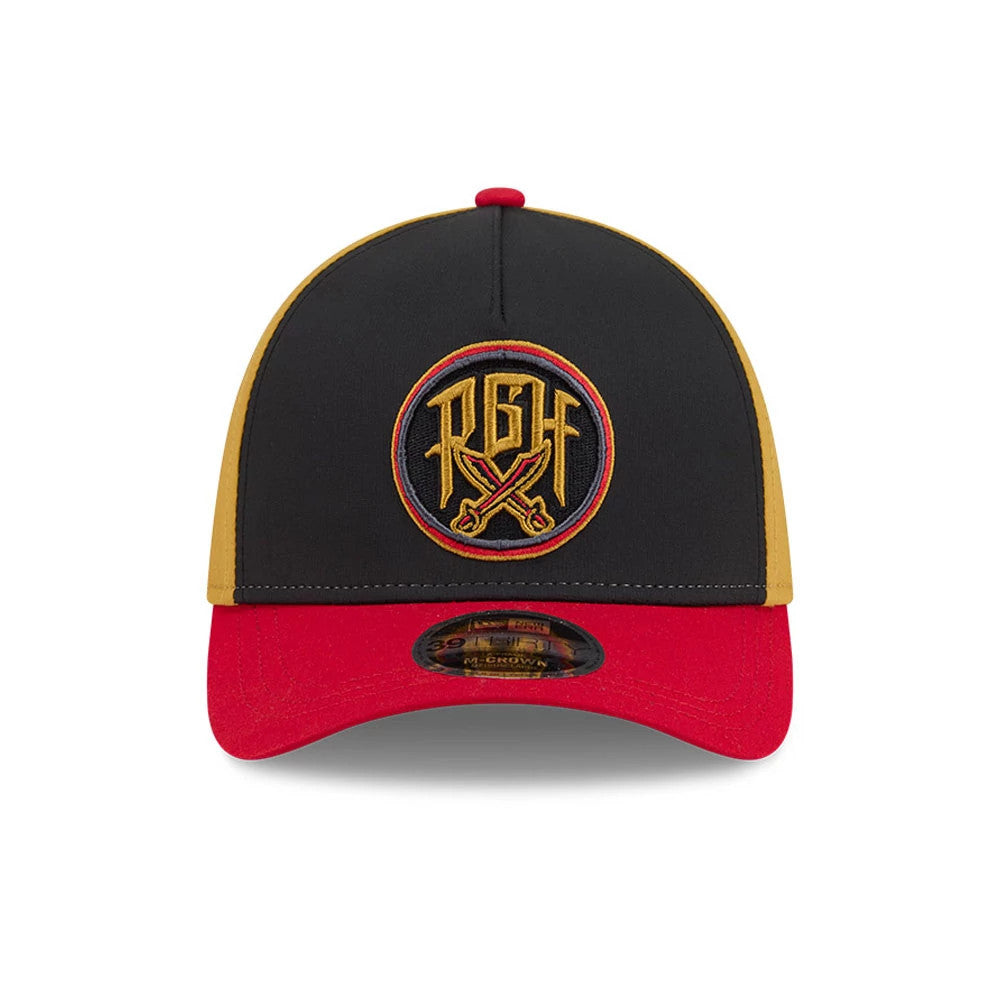 Pirates MLB City Connect Black New Era 39THIRTY M-Crown A-Frame Stretch Fit Cap, front view showing the gold and red embroidered PGH logo with crossed bats on the black crown, red curved visor and 39THIRTY size sticker.