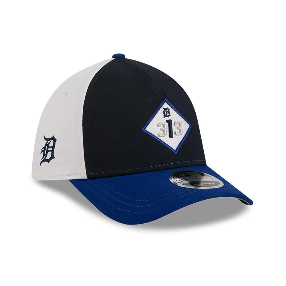 Tigers MLB City Connect Navy New Era 39THIRTY M-Crown A-Frame Stretch Fit Cap, three-quarter view showing a white D logo on the front panel, a contrasting royal blue curved visor with a 39THIRTY size sticker, and white side panels.