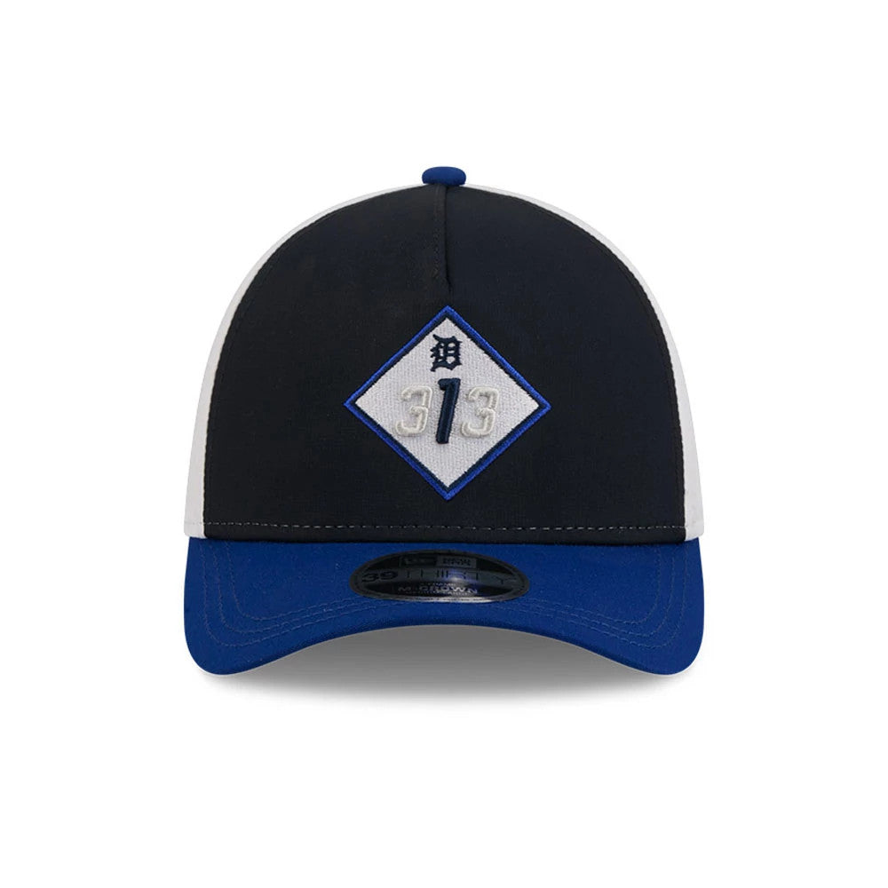 Pictured is this MLB City Connect Detroit Tigers 39THIRTY M-Crown A-Frame Stretch Fit cap in Navy. 3