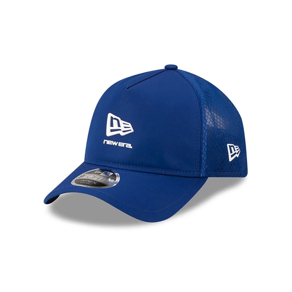 New Era Blue 9FORTY Apex Cap, three-quarter view showing the white embroidered New Era logo on the front panel, a black 9FORTY size sticker on the curved visor, and the mesh on the side with the New Era flag logo.