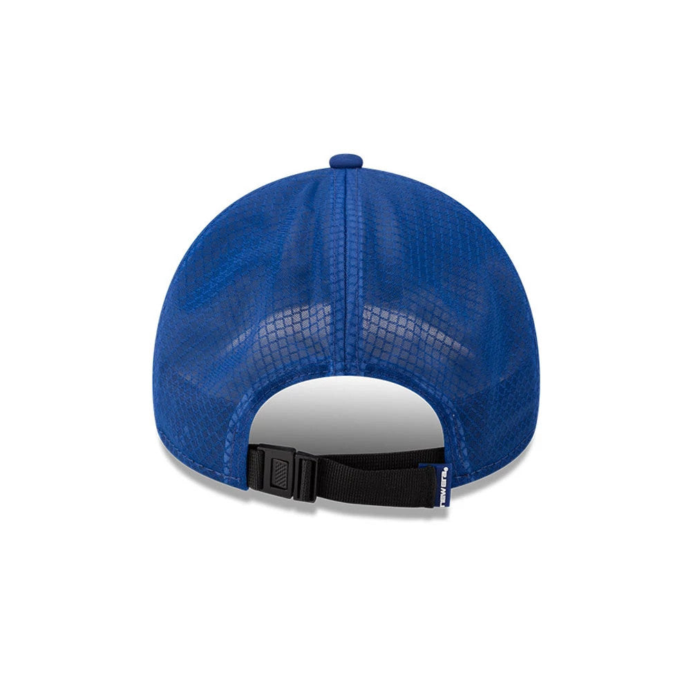 New Era Blue 9FORTY Apex Cap, rear view showing the structured blue mesh crown with a distinct pattern, a matching top button, and a black adjustable strap with a New Era logo patch at the end.