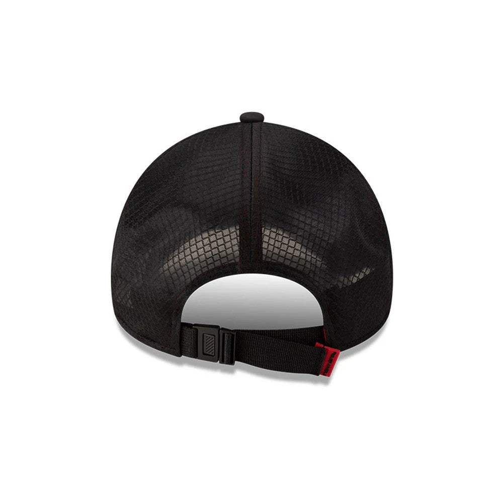 New Era Black & Red 9FORTY Apex Cap, rear view showing the textured black crown with a geometric pattern, adjustable strap with a black and red accent, and a rounded top button matching the crown.