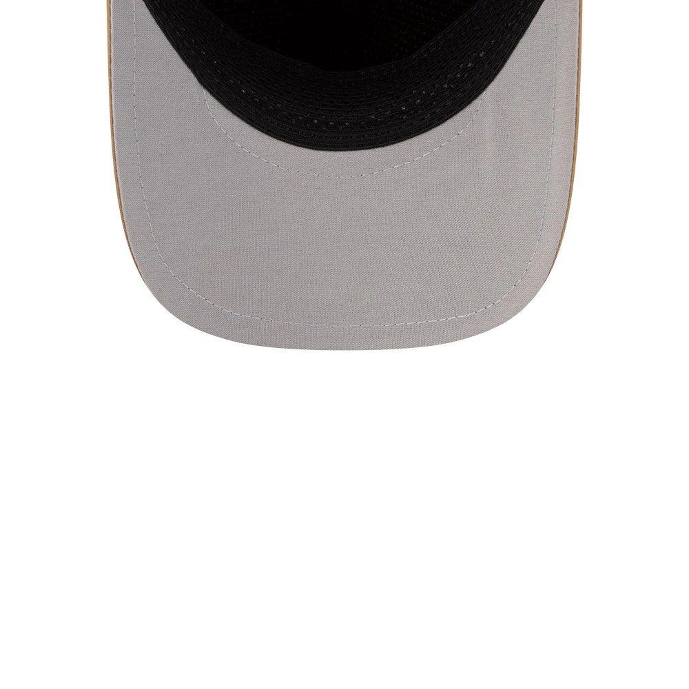 New Era Beige 9FORTY Apex Cap, inside view showing a black sweatband lining the cap's interior for comfort, the light beige undervisor complementing the overall design, and precise stitching along the edges of the visor.