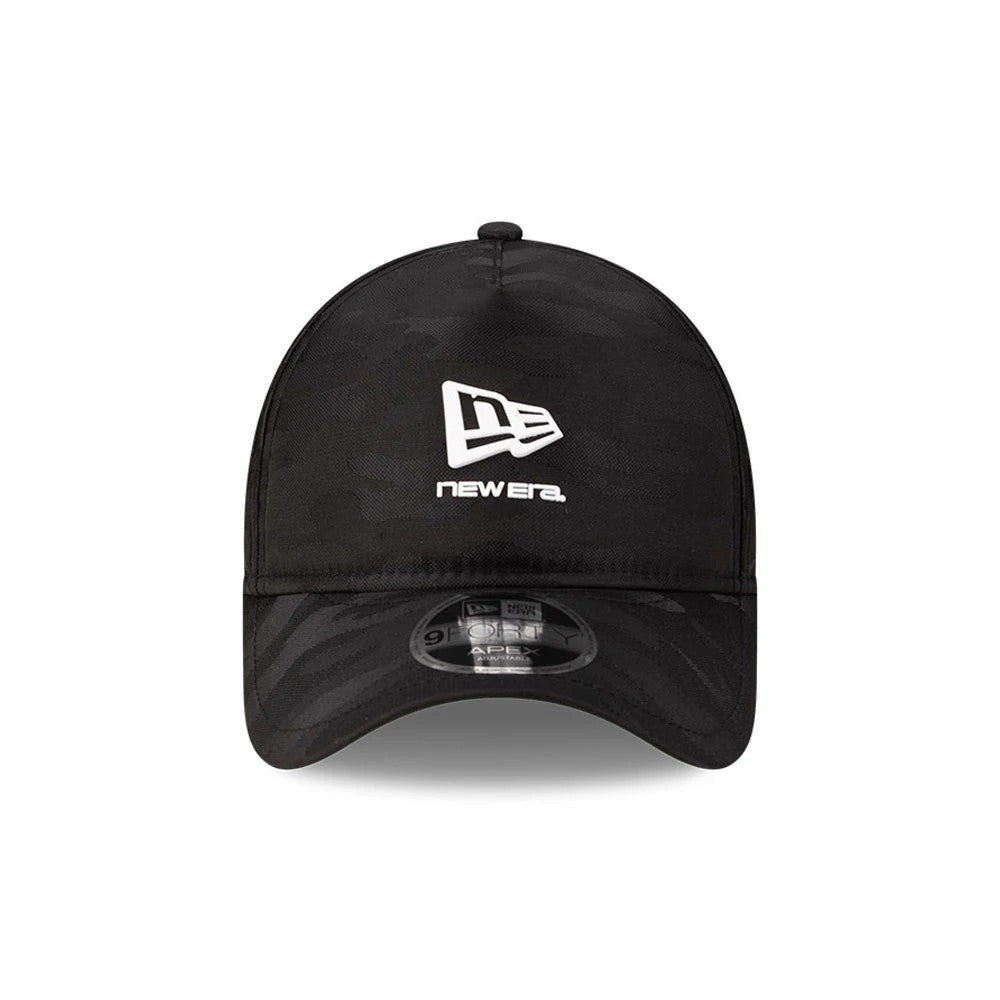 New Era Black 9FORTY Apex Cap, front view showing the white embroidered New Era logo on the structured black crown with a camouflage pattern, and the black visor featuring the 9FORTY size sticker at the centre.