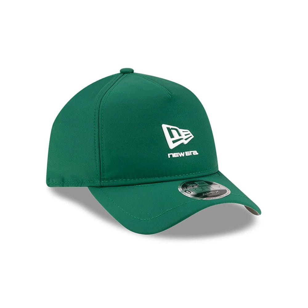 New Era Dark Green 9FORTY Apex Cap, front view showing a raised white New Era flag logo embroidered on the front panel, with a matching dark green curved visor and a prominently placed 9FORTY size sticker on the top of the visor.