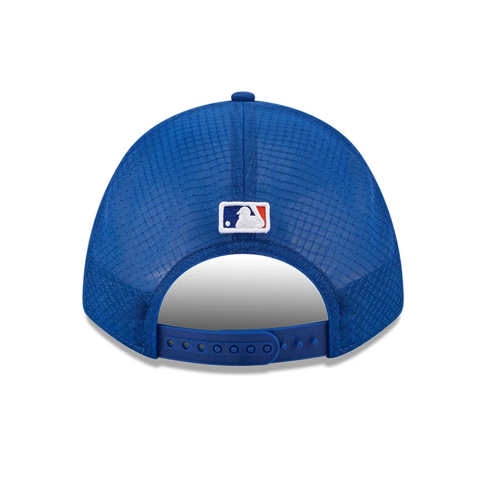 Mets MLB Batting Practice 2026 Blue New Era 9FORTY M-Crown A-Frame Adjustable Cap, rear view showing the embroidered MLB Batterman logo centred on the blue mesh back panels, with an adjustable snap closure in matching blue.