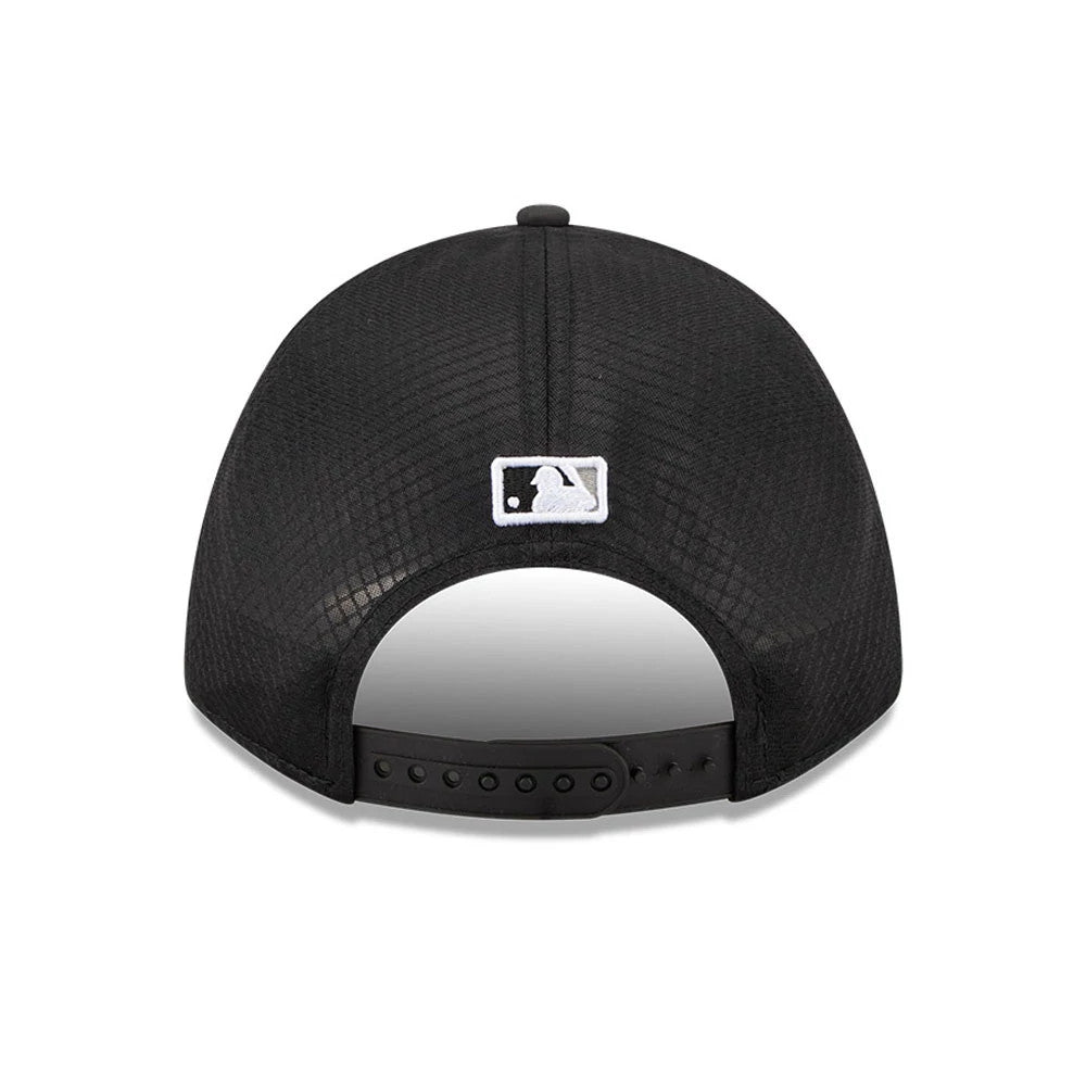 White Sox MLB Batting Practice 2026 Black New Era 9FORTY M-Crown A-Frame Adjustable Cap, rear view showing the white embroidered MLB Batterman logo centred on the back panels above a black adjustable strap with a textured black crown.
