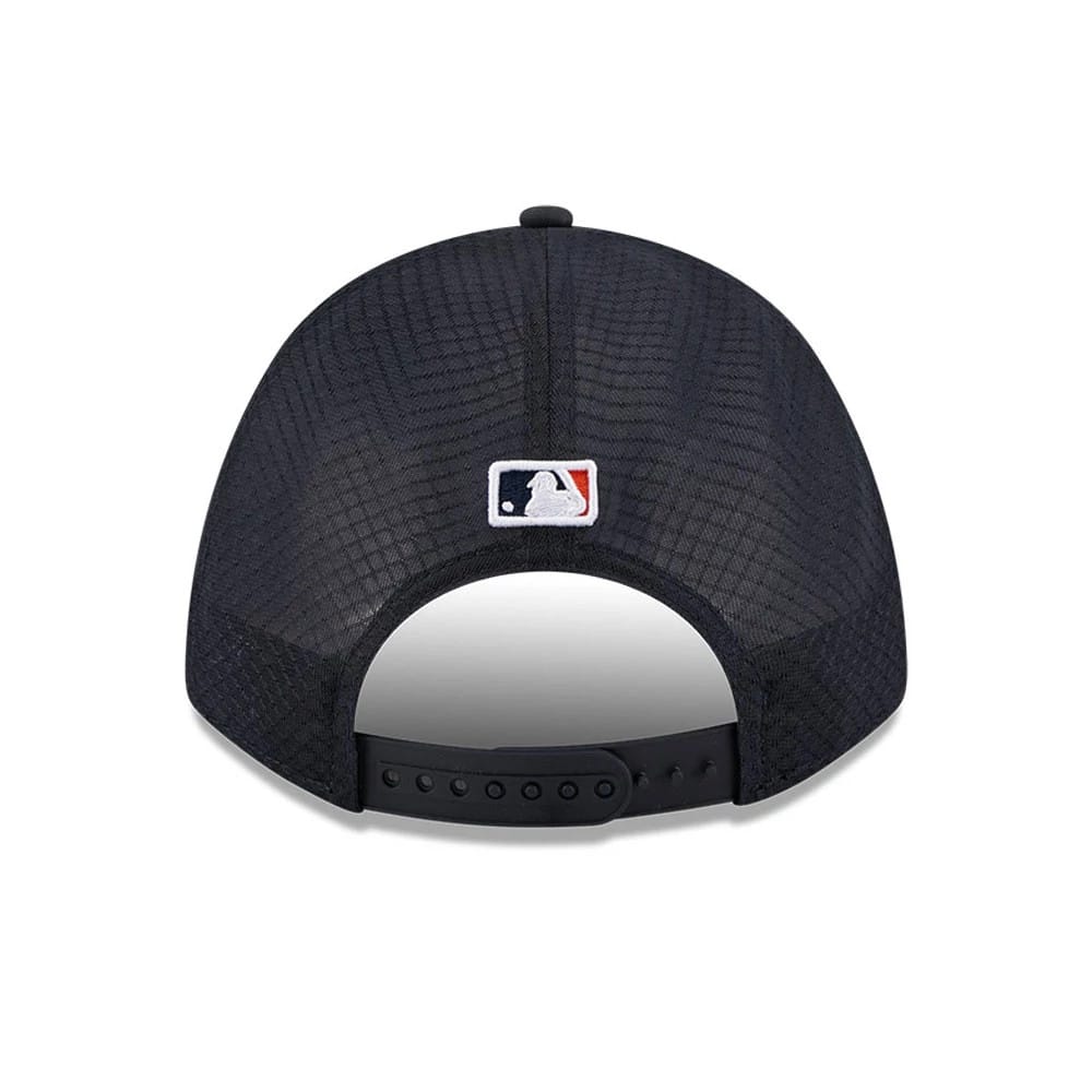 Tigers MLB Batting Practice 2026 Navy New Era 9FORTY M-Crown A-Frame Adjustable Cap, rear view showing the MLB Batterman logo embroidered at the centre back, with a navy mesh crown and a black adjustable strap.