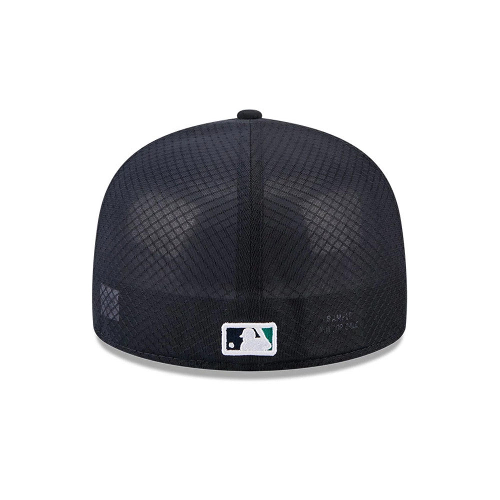 Seattle Mariners MLB Batting Practice 2026 Navy New Era 59FIFTY Fitted Cap, rear view showing the white and green embroidered MLB Batterman logo centred on the navy textured crown with a distinct mesh pattern and a solid top button.
