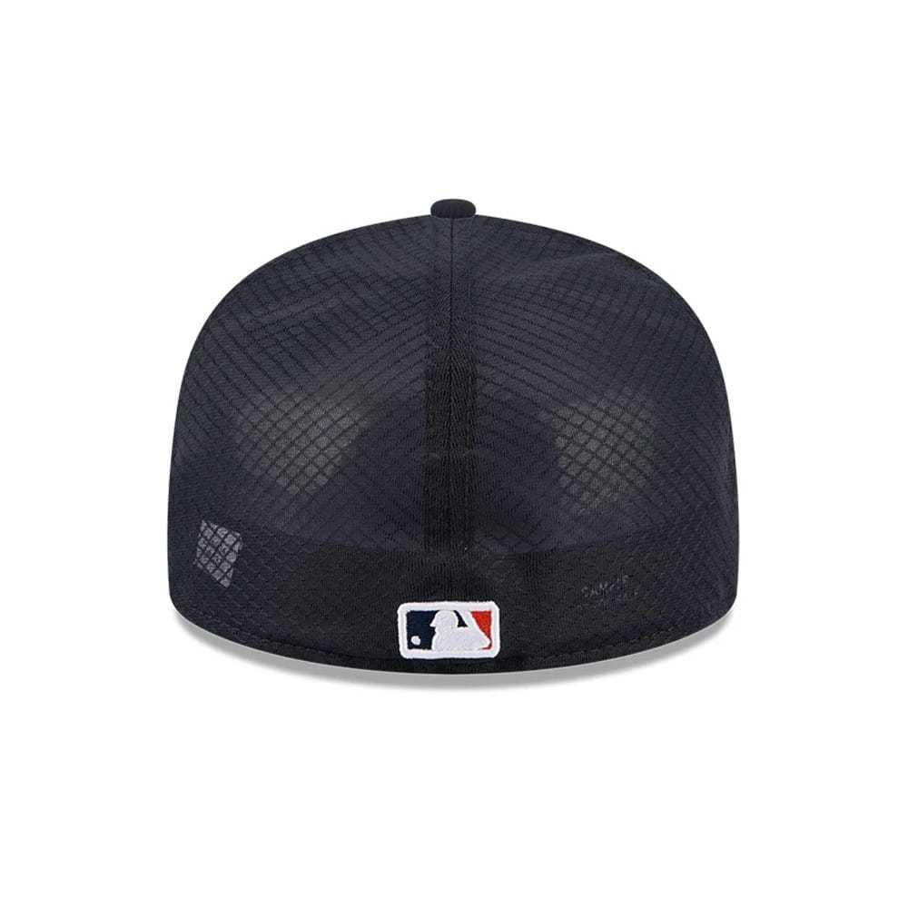 Detroit Tigers MLB Batting Practice 2026 Navy New Era 59FIFTY Fitted Cap, rear view showing the MLB Batterman logo embroidered in white, red, and blue at the centre of the dark navy mesh back panels with a woven pattern.
