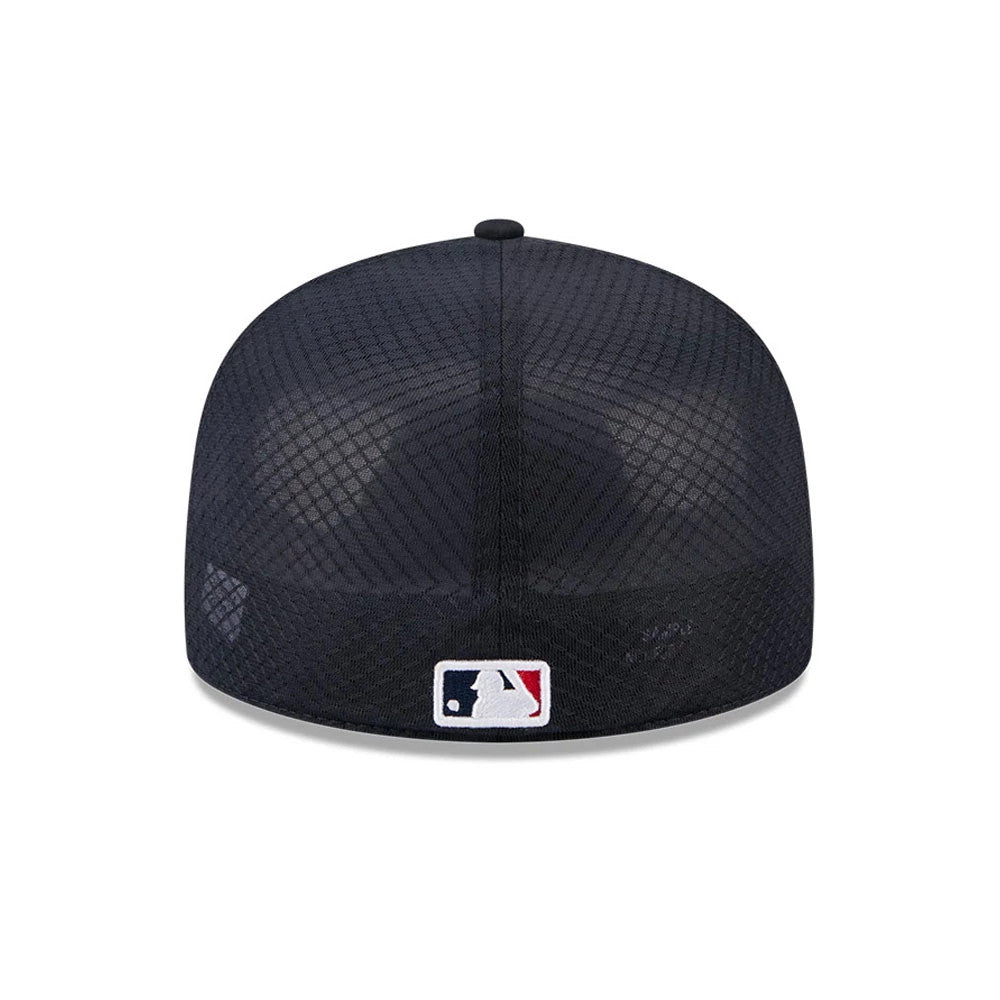 Boston Red Sox MLB Batting Practice 2026 Navy New Era 59FIFTY Fitted Cap, rear view showing the embroidered MLB Batterman logo at the centre back on a structured navy mesh crown, with panel stitching and a top button.
