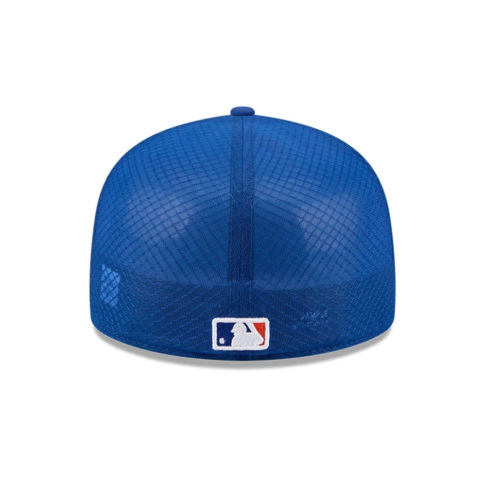 New York Mets MLB Batting Practice 2026 Blue New Era 59FIFTY Fitted Cap, rear view showing the embroidered MLB Batterman logo at the centre bottom of the structured blue mesh crown, with a pattern and a blue top button.