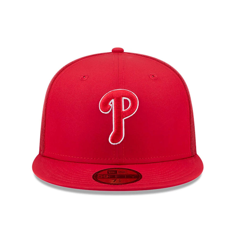 Philadelphia Phillies MLB Batting Practice 2026 Red New Era 59FIFTY Fitted Cap, front view showing a white embroidered P logo on the red front panel, with a matching red flat visor and a black 59FIFTY size sticker on the visor.