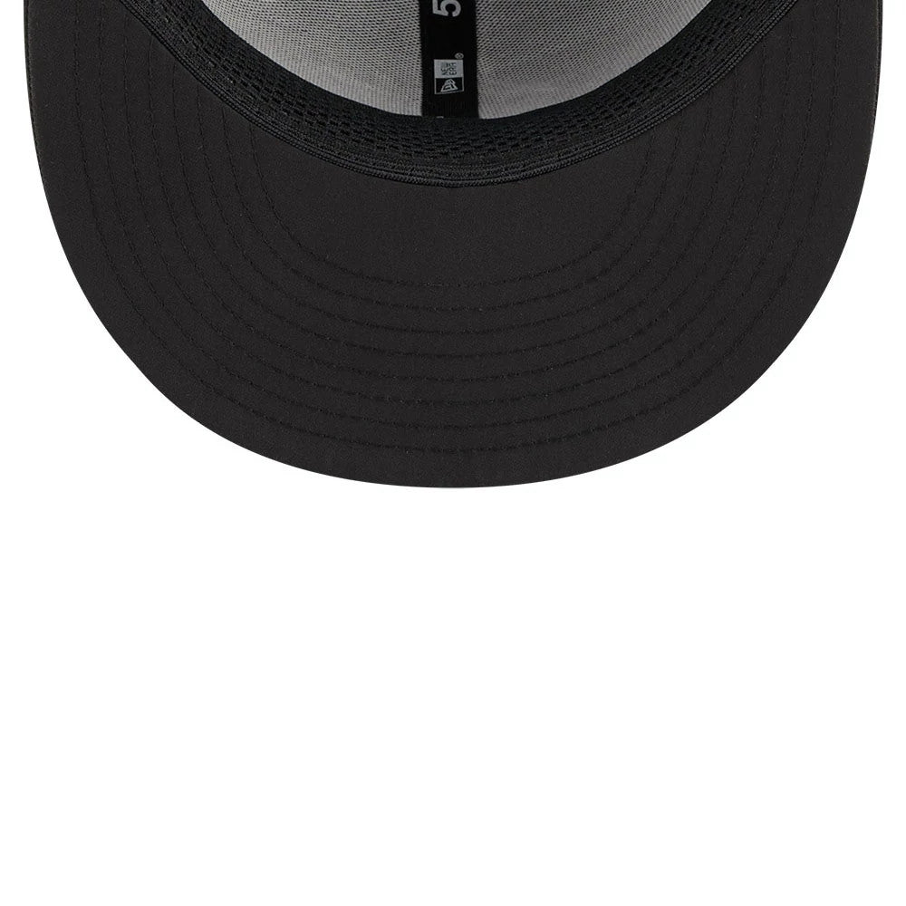 Miami Marlins MLB Batting Practice 2026 Black New Era 59FIFTY Fitted Cap, inside view showing the black sweatband with New Era branding details, grey fabric under the crown with black taping, and a black undervisor.