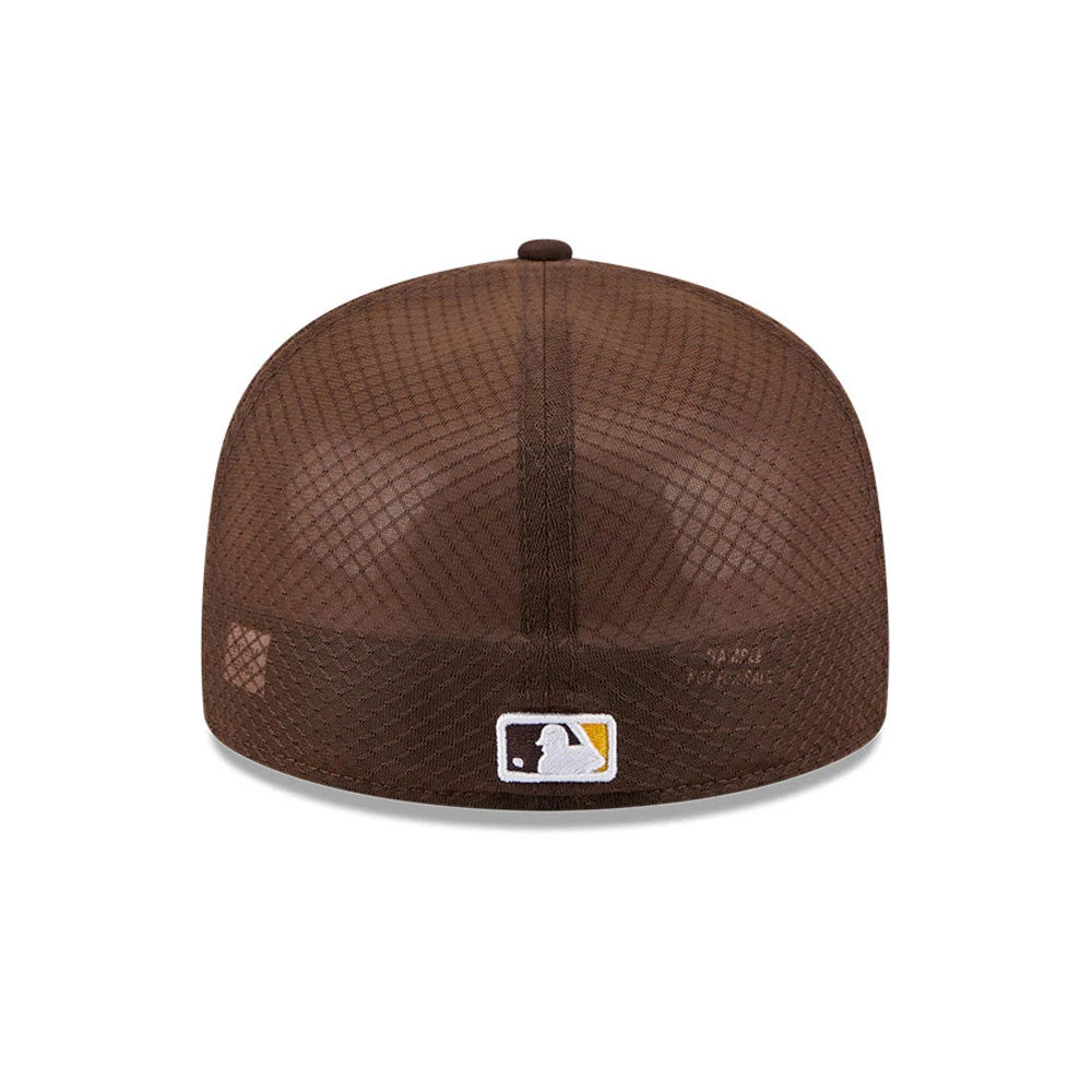San Diego Padres MLB Batting Practice 2026 Dark Brown New Era 59FIFTY Fitted Cap, rear view showing the embroidered MLB Batterman logo in white, black, and yellow at the centre bottom of the textured dark brown mesh back panels.
