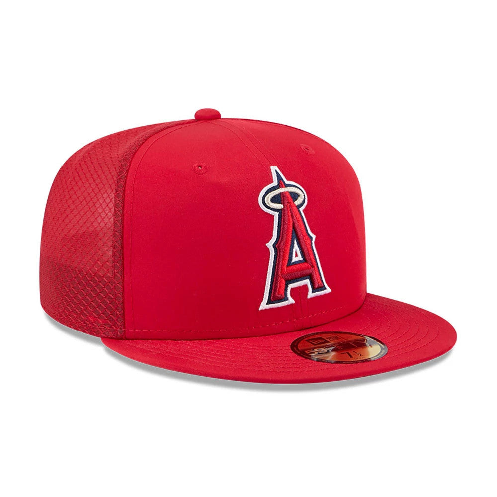 LA Angels MLB Batting Practice 2026 Red New Era 59FIFTY Fitted Cap, three-quarter view showing the red and white embroidered A logo with a halo on the front panel, red flat visor with a gold 59FIFTY size sticker, and red mesh back panels.